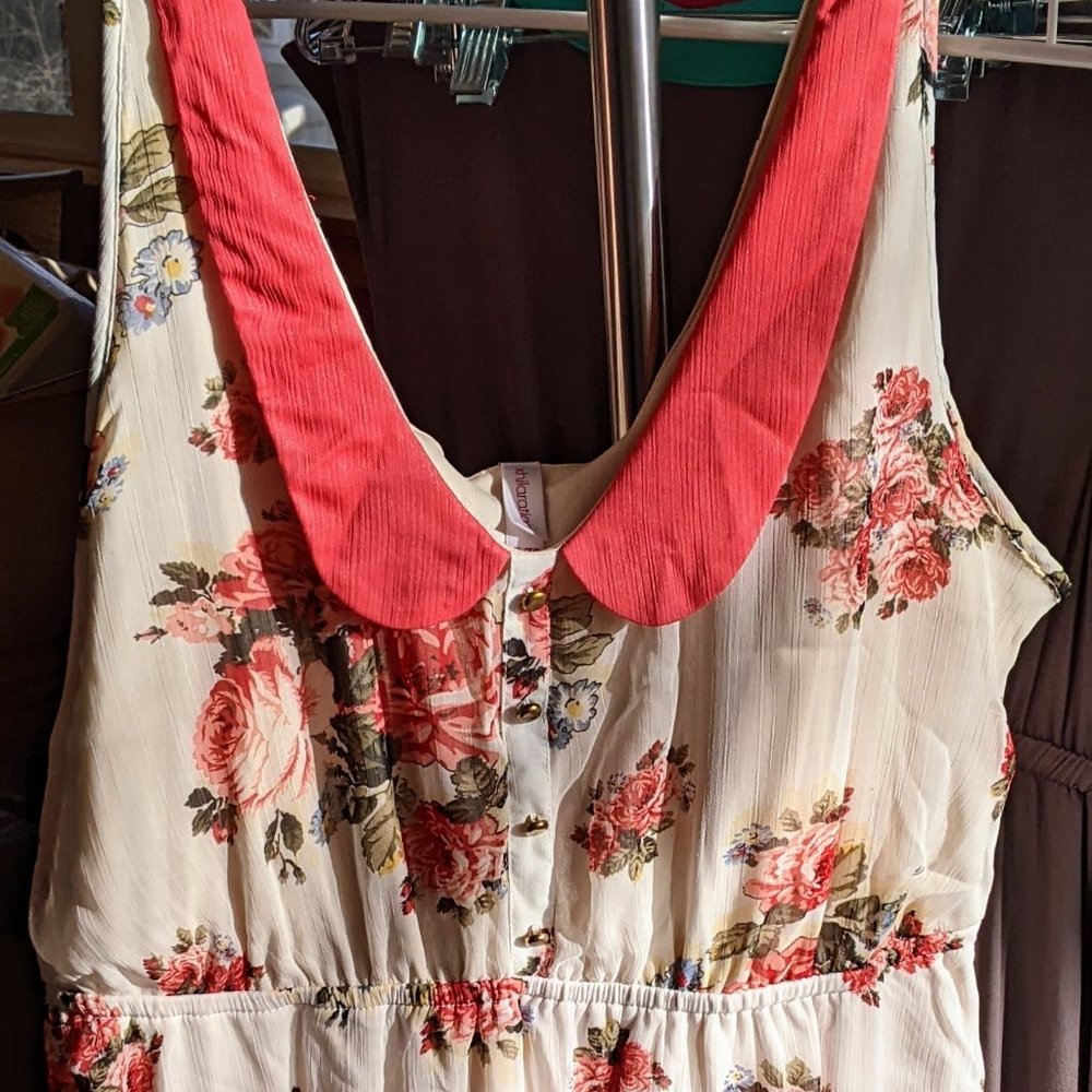 White & Floral Chiffon Dress, Peter-pan Collar, Elastic Waist
